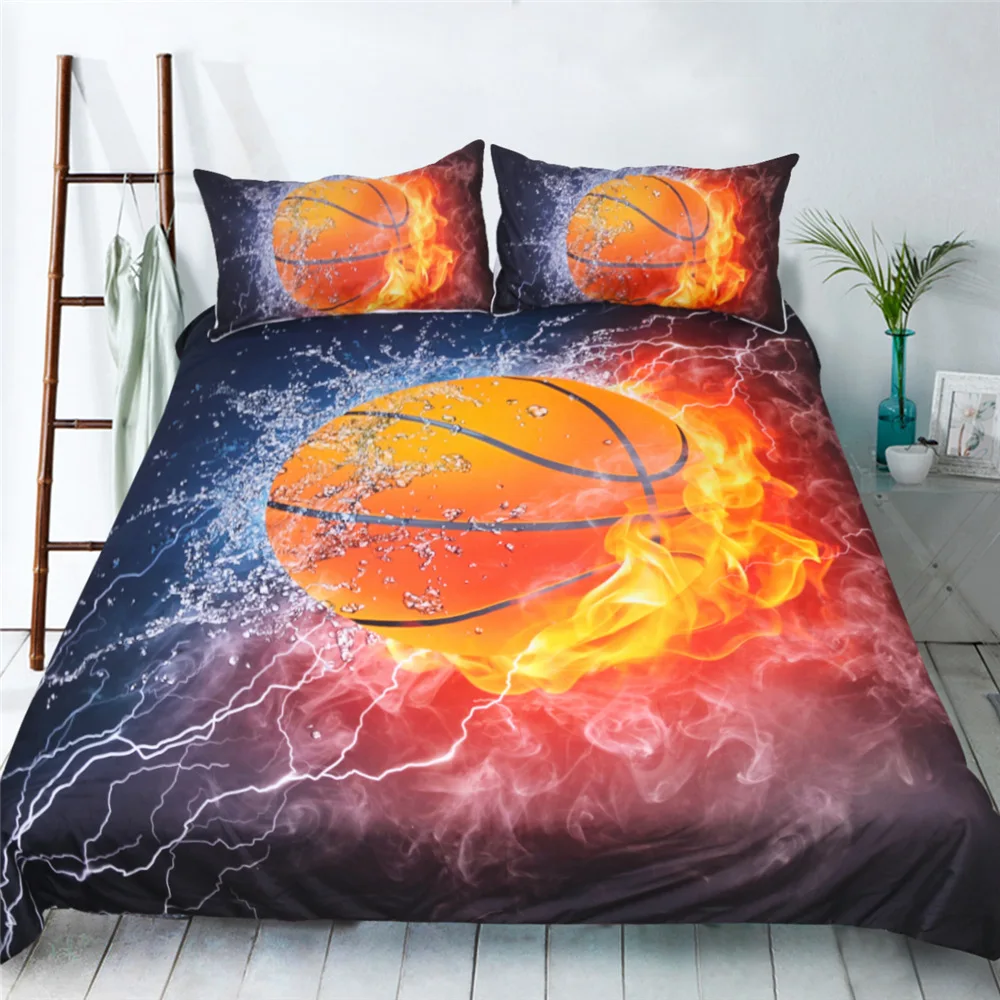 

Moonpalace 3Pcs Basketball Fire Printed Duvet Cover Set Boy Kids Sports Cartoon Bedding Set Queen Size Soft Bedclothes