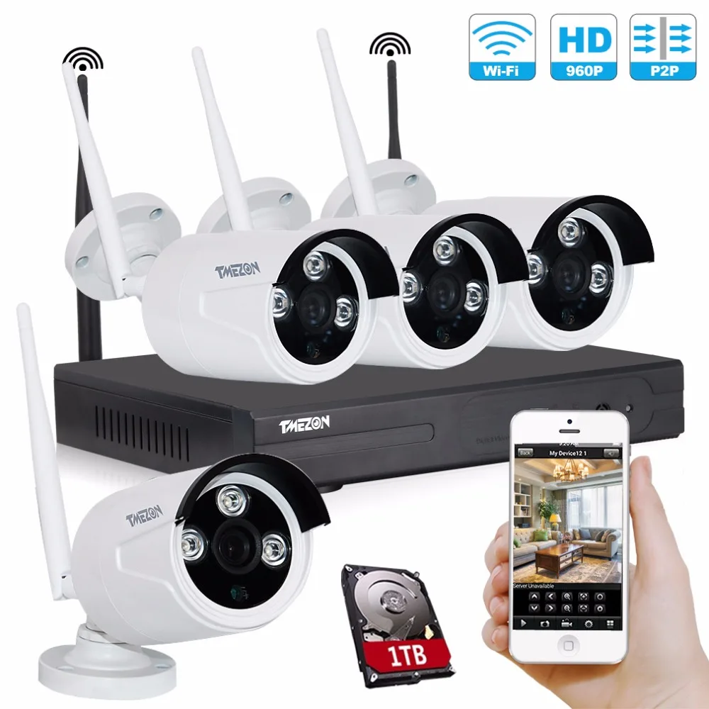 Tmezon HD 4CH NVR Wireless WIFI Security Surveillance System 4Pcs 1.3MP 960P Camera ONVIF IR Night Vision Waterproof 1TB 2TB Kit