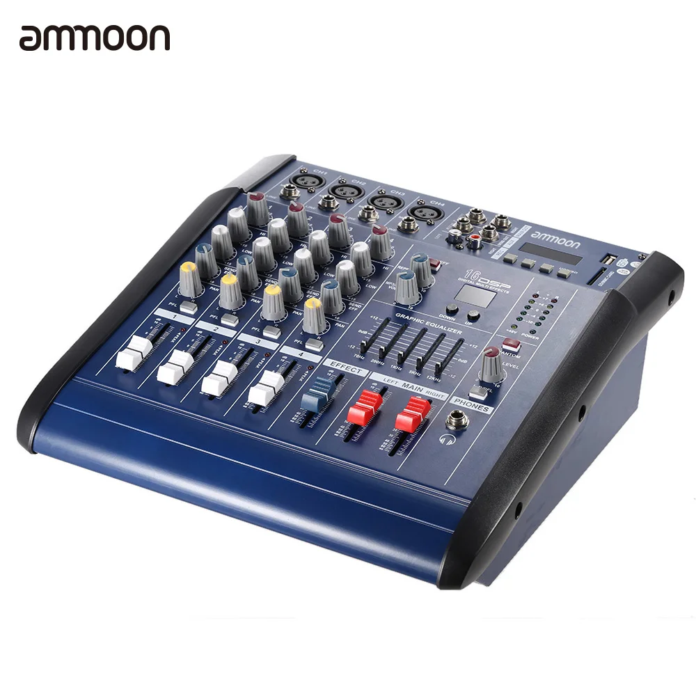 

ammoon PMX402D-USB 4 Channel Digtal Mic Line Audio Mixing Console 16 Built-in Sound Effects for Recording DJ Stage Karaoke