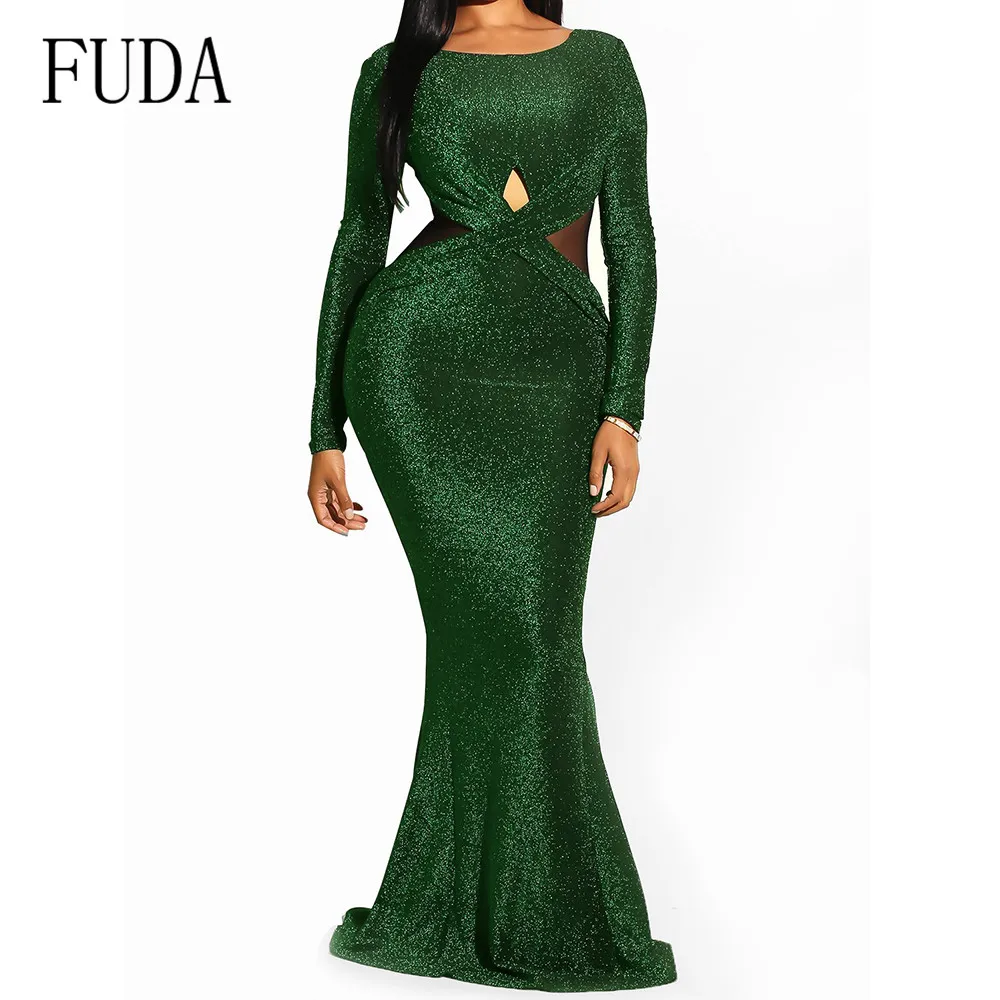

FUDA Women Autumn Long Sleeve Bodycon Flool-length Dress Elegant Party Femme Clothing Women Sexy Hollow Out Vintage Vestidos