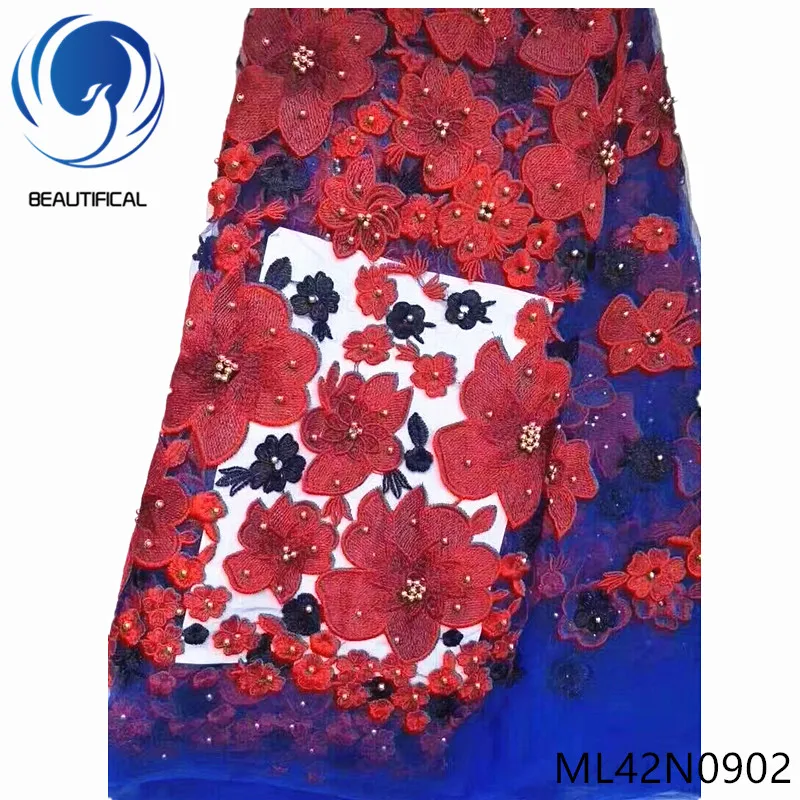 

Beautifical French lace fabrics Latest style net lace red flower embroidery fabric 5yards/lot nigerian lace beads fabric ML42N09