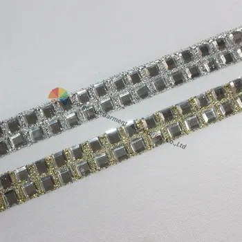 

10yards 2 rows Gold Silver Metallic diamante ribbon clear Square crystal rhinestone tape DIY Browband Shoe furniture Making