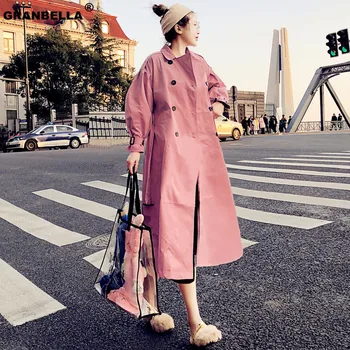 

2019 Autumn New Women's Casual trench coat oversize Double Breasted Vintage Lantern Sleeve Sashes Outwear Loose Clothing