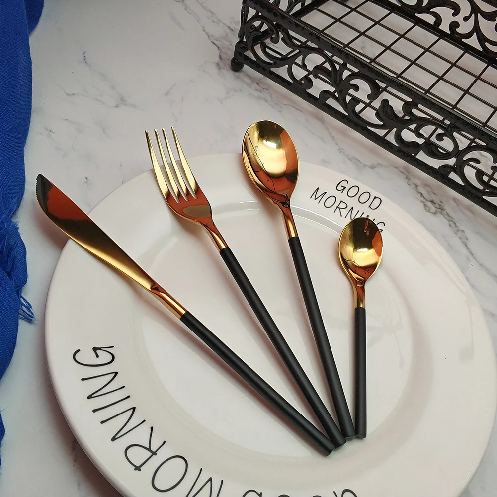 Wholesale 24pcs Round bar Gold Dinnerware Kitchen 304 Stainless steel Knife Fork Tablespoon Food Tableware Flatware Cutlery Set | Дом и сад