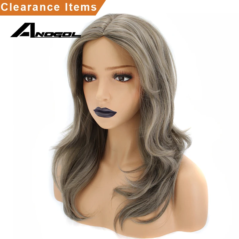 

Anogol High Temperature Fiber Peruca Cabelo Long Natural Wave Middle Part Ash Grey Mix Blonde Synthetic Wig For White Women