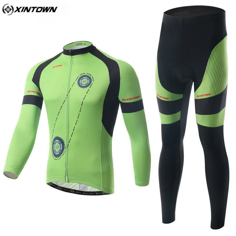 

XINTOWN Men Bicycle Clothing Green Winter Maillot Long Sleeve Cycling Jersey Breathable Bike Team Cycling Clothing CC0334