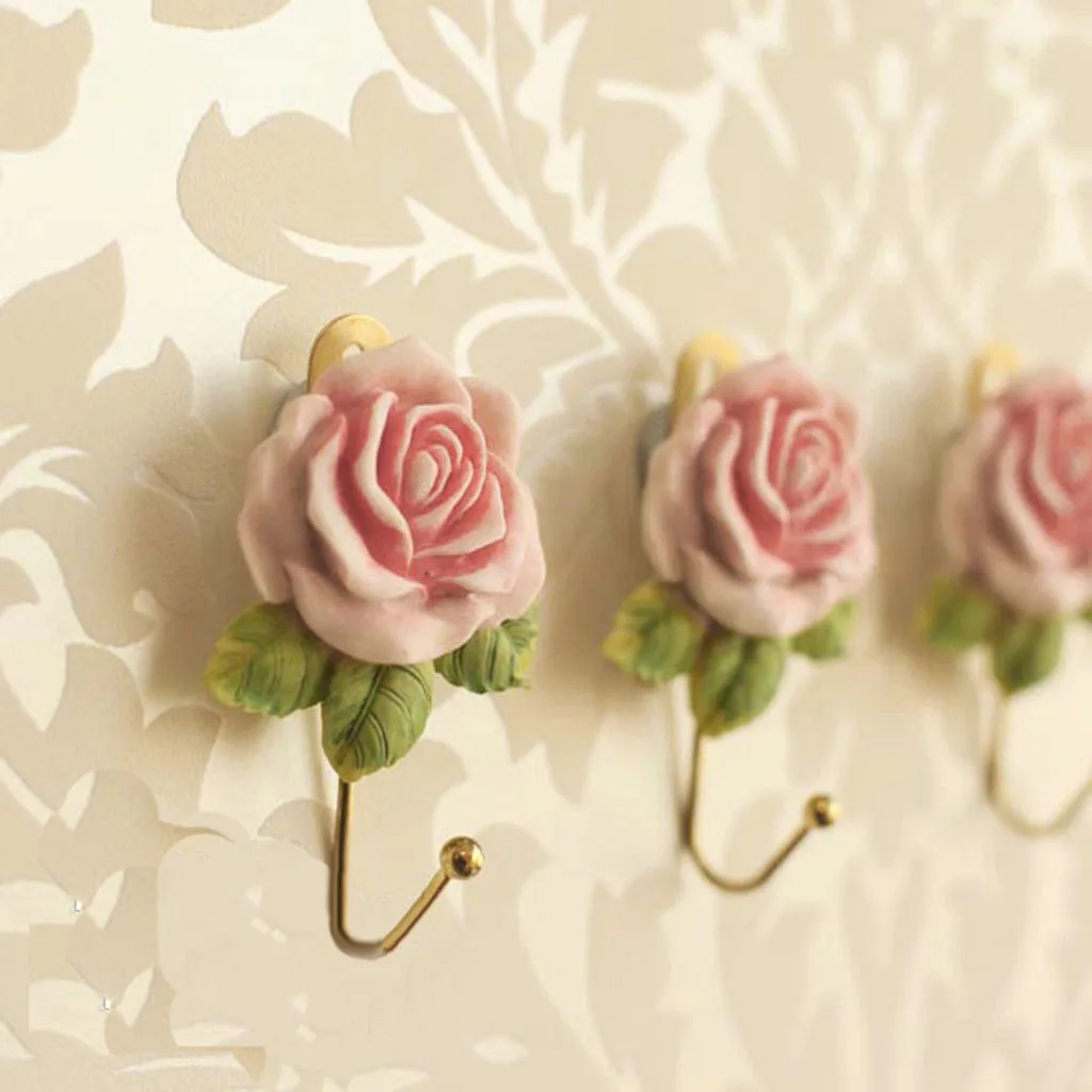 

Wall Sticky Hook Mounted Hanger Rose Flower Resin for Coat Hat Robe Towel Useful Hooks Holders Towel Dish Cloth Keys Hangers