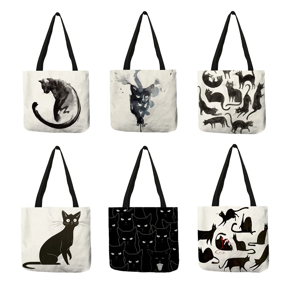 Colorful Cat Oil Painting Linen Tote Bag Eco-Friendly Beach Bag Reusable