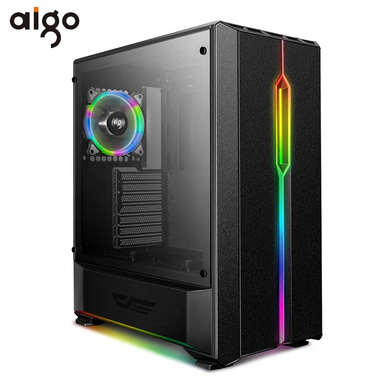 Aigo игровой чехол ATX компьютер PC чехол s с 120 мм светодиодный Радужный веер настольный компьютер чехол шасси RGB светильник PC чехол закаленное стекло - Цвет: Black