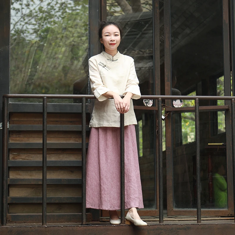 Women's Linen Chinese Style 34 Sleeve Blouse Qipao Top Shirt  (10)