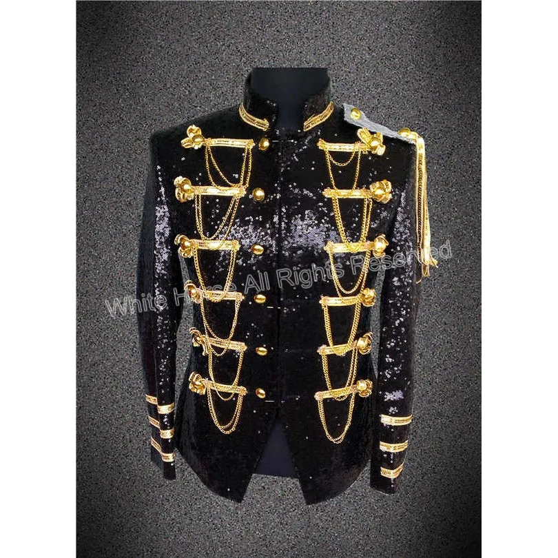 남자 무대 재킷 나이트 클럽 가수 호스트 의상 폭탄 재킷 금과 검은 색 장식 조각 jakcet 체인 및 벨트