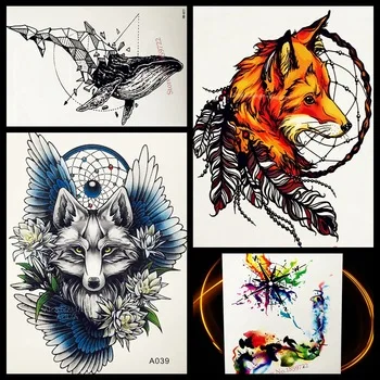 Wolf with Dream Catcher Temporary Tattoo For WOmen Men Body Art Flash Fake Tattoo Stickers, Flower Waterproof Tatoo Dreamcatcher