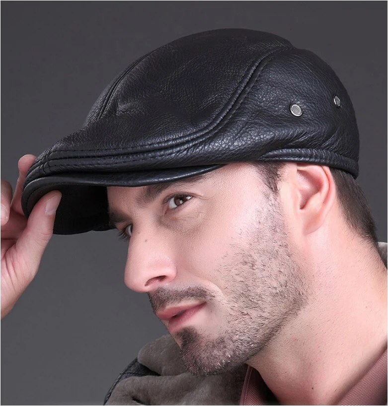 black beret for men HL042 Men's Real Genuine Cow Leather Baseball Hat Brand Newsboy Beret Winter Warm Caps With Ear Flap mens military beret