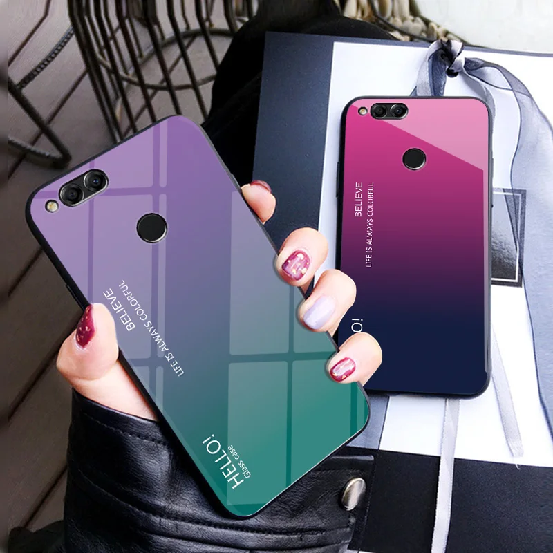 For Huawei Honor 7X Luxury Hard Gradient Tempered Glass Phone Protective Case for Back Cover Conque |