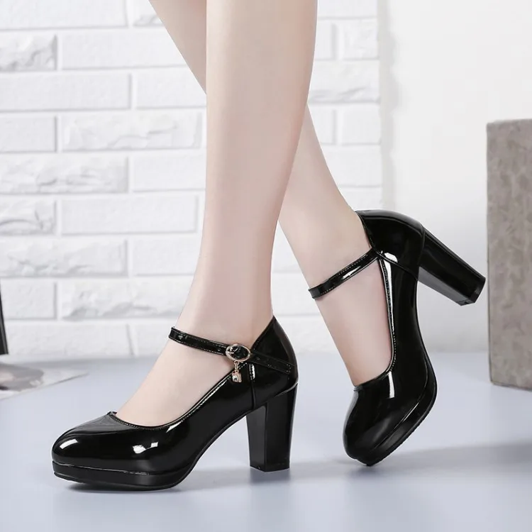 black patent heels with ankle strap