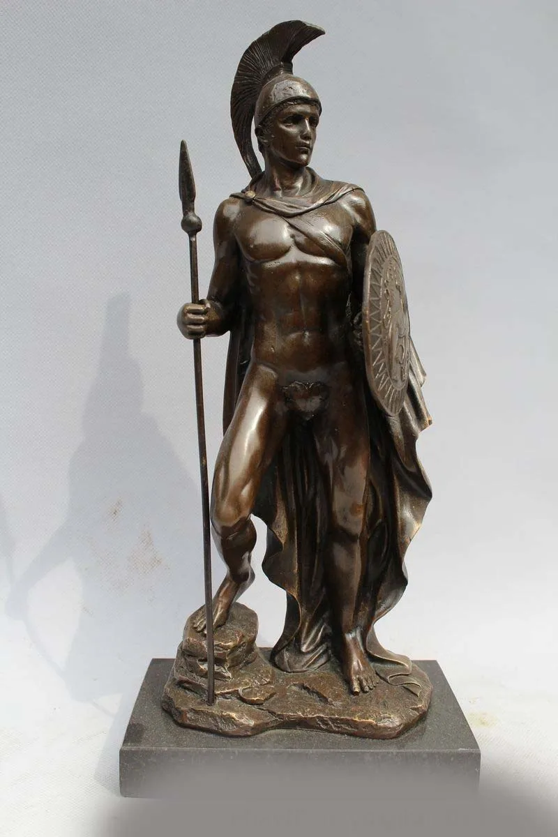 

13"Western Art sculpture Pure Bronze Marble Roman Warrior Statue DSD66