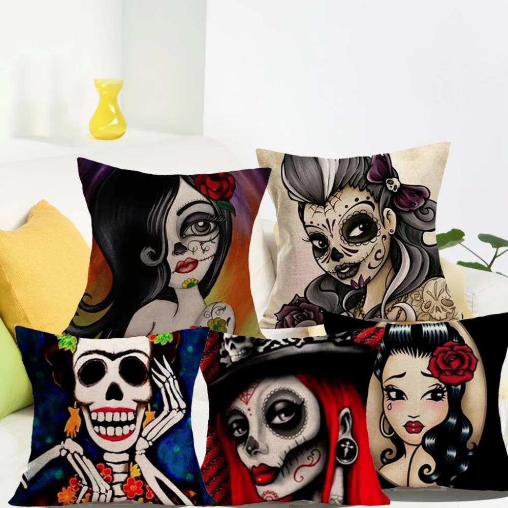 

The Day of the Dead Sugar Skull Cushion Cover Color Skull Girl Printed Pillow Cases Bedroom Sofa Home Decoration Drop Shipping
