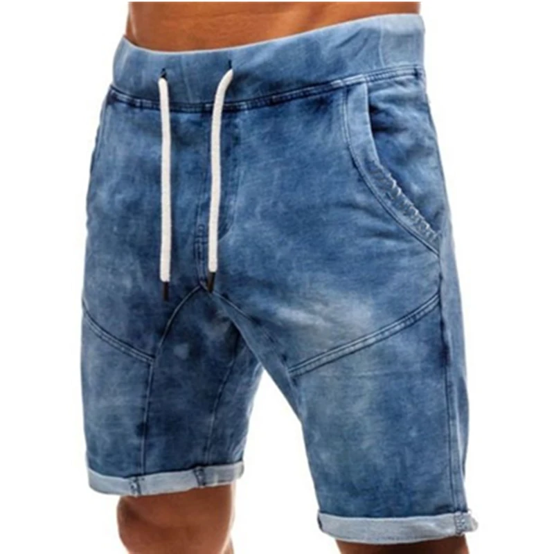 Мужские новые летние байкерские джинсы Бермуды, короткие модные уличные мужские свободные шорты в стиле хип-хоп с завязками, повседневные синие джинсовые пляжные шорты