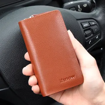 

Fashion Men Genuine Leather Car Key Wallet, Solid pure color , multi-function, big capacity, zip around, brown / black