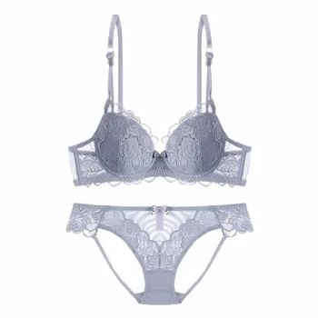 

Luxuxy Sexy Push Up Bra Set Plus Size Transparent Bra And Panty Set Lace Embroidery Gray Brassiere Women Underwear Lingerie Set