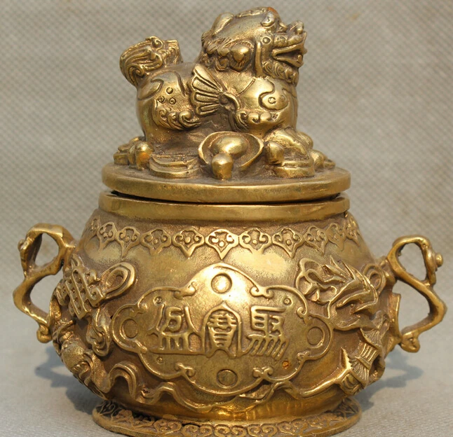 

5" Marked Chinese Brass Lion Beast Wealth Treasure Bowl Incense Burner Censer S0705