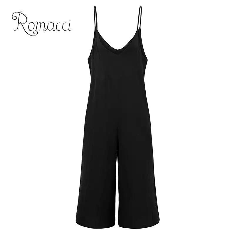 

Romacci Casual Women Plus Size Suspender Trousers V Neck Wide Leg Jumpsuit Spaghetti Strap Solid Sleeveless Romper Playsuit 2019