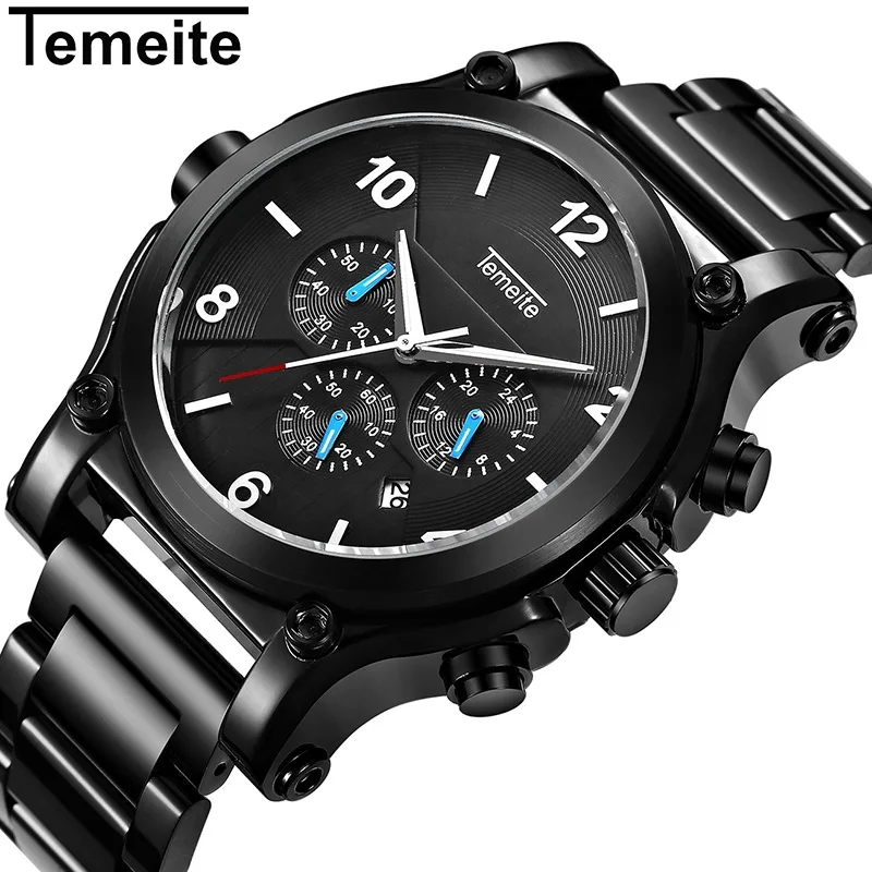 

business TEMEITE brand men wristwatch quartz stainless steel waterproof man watches men's clocks Multifunction mens watches