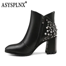 

ASYSPLNX brand 2018 fashion female boots thick with pointed head Liu nail black women ankle boots A008