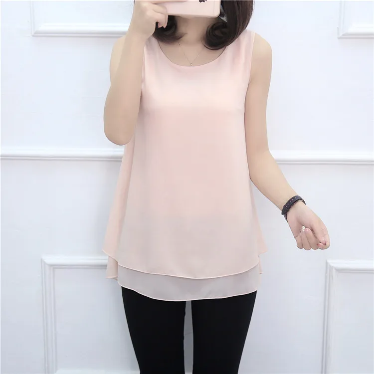 New Solid color Women Long Chiffon shirt summer Casual Top plus size S-6XL Loose sleeveless Blouse Double chiffon Blouses