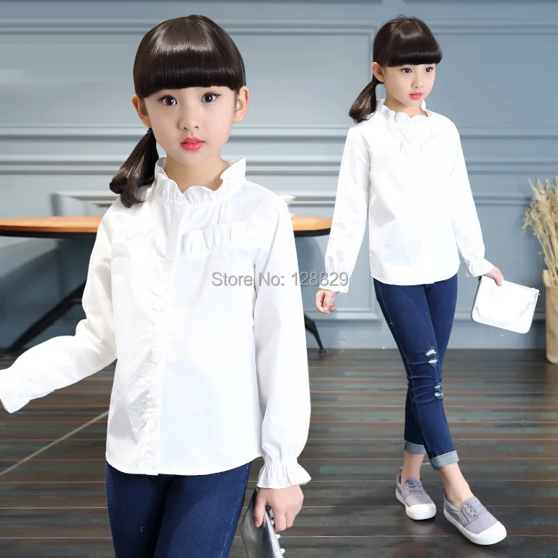 Белые блузки для девочек, школьная форма, рубашки с длинными рукавами и цветочным воротником, весенние топы для детей 4, 6, 9, 8, 10, 12 лет