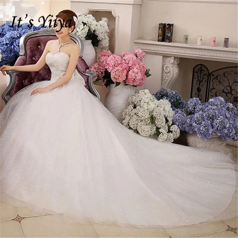 Женское кружевное свадебное платье It‘s YiiYa, белое элегантное длинное платье со шлейфом без бретелек на лето