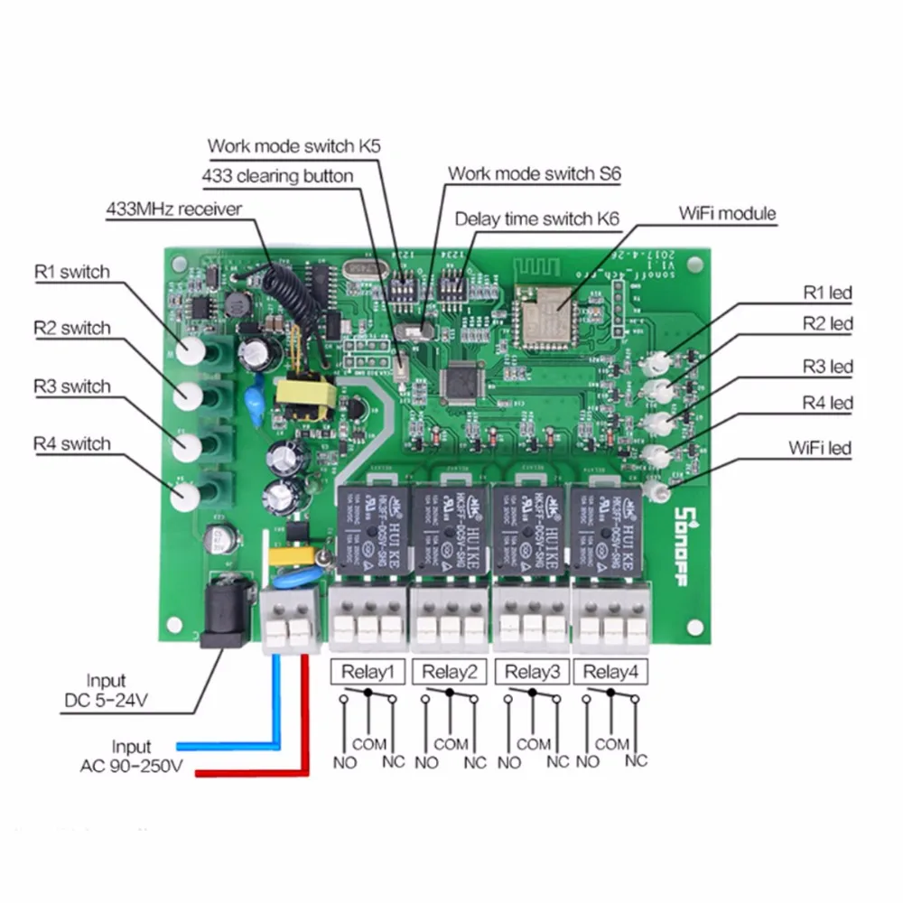 Sonoff 4ch R2 PRO Smart Switch 4 канала 433 МГц 2,4 г Wifi Пульт дистанционного управления умная Автоматизация модули 10A бытовая техника