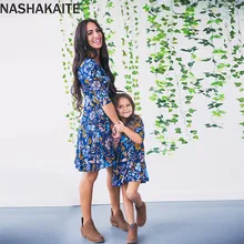 Vestidos NASHAKAITE para madre e hija, minivestido azul de media manga con estampado Floral para mamá e hija, ropa para mamá y yo