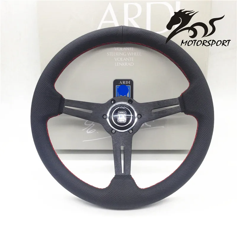 Steering Wheel /Leather Steering Wheel flat style Corn Racing 350mm Black Perf Leather with Red stitch