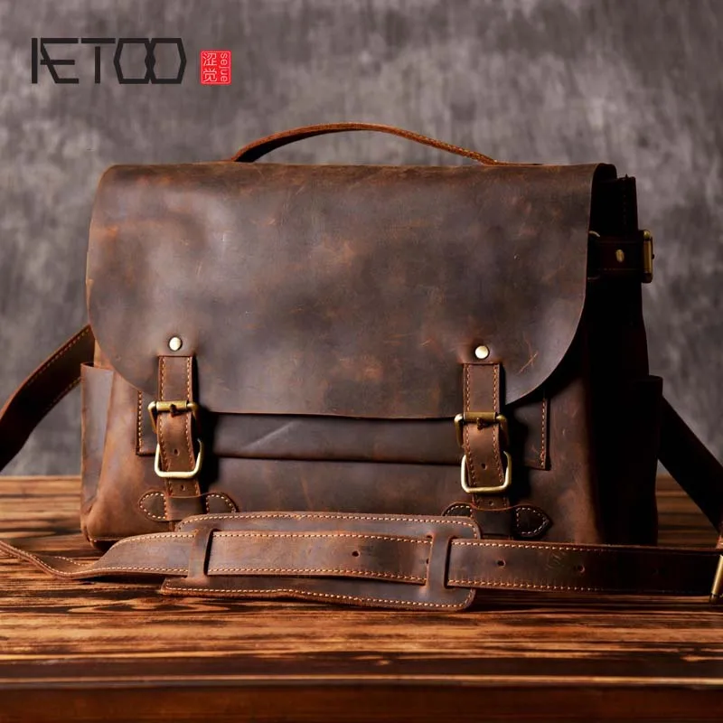 

AETOO 14" Real Leather Document Briefcase Retro Men Business Bags Crazy Horse Mens Handbags Genuine Cow Leather Bag for Computer