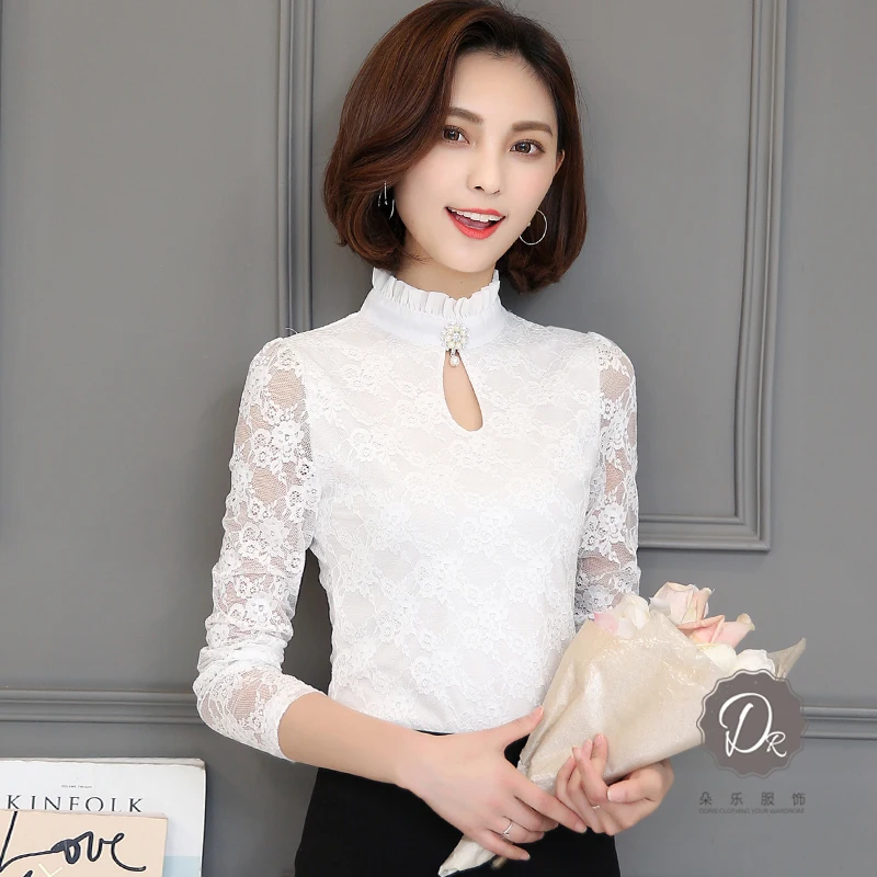 Blusa feminina офисные осень зима Женская кружевная блузка размера плюс с длинными