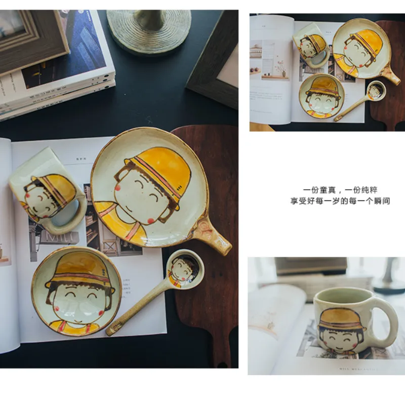 Оригинальная вишня Маруко ручная роспись Керамическая рисовая кухонная миска набор милая японская мультяшная ложка посуда и тарелки набор Подарочная кружка