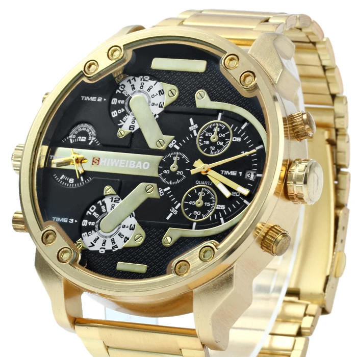 Большие часы с пластиной, модные роскошные мужские золотые часы с ремешком из нержавеющей стали, два времени, военные, бизнес трендовые часы, мужские часы