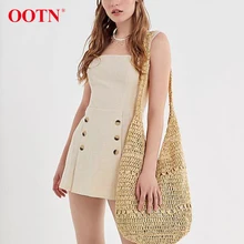 OOTN повседневные хлопковые льняные женские костюмы с регулируемым ремешком комбинезоны двубортные летние женские короткие комбинезоны цвета хаки