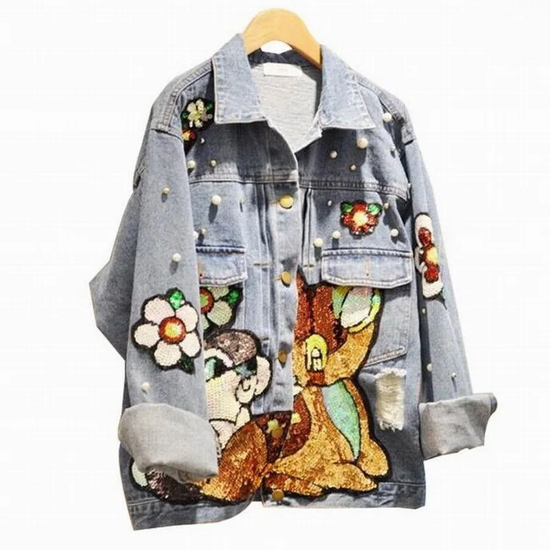 New 2017 Autumn font b Women b font Street Animal Sequins Jeans font b Jackets b