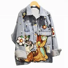 New 2017 Autumn Women Street Animal Sequins Jeans Jackets Long Sleeve Loose Hole Denim Coat Mori Girl Student Plus Size L1170