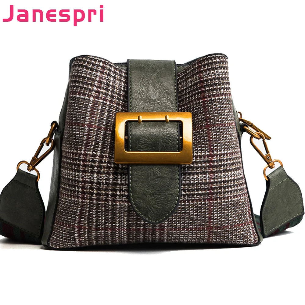 

JANESPRI 2018 Plaid Bucket Women Handbag Ladies Shoulder bag PU Leather Crossbody Messenger Bag Female Buckle Belt Shoulder Bag
