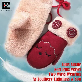 

200p Children Winter Double Plus Velvet Faux Suede Keep Warm Gloves,Boy&Girl Unisex Cute Cartoon Hanging Neck Windproof Mittens