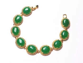 

Koraba 14k Yellow Gold Plated Women Green Jade Gemstone Beads Chain Healing Jewelry Bracelet