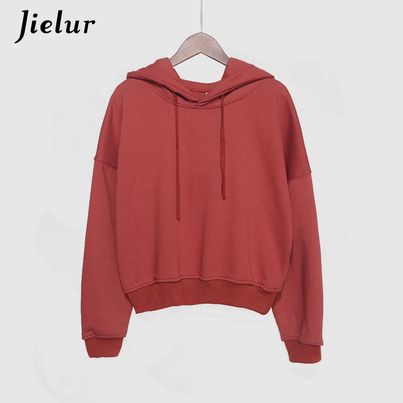 Jielur однотонные Harajuku тонкие женские свитшоты с капюшоном Kawaii черная укороченная