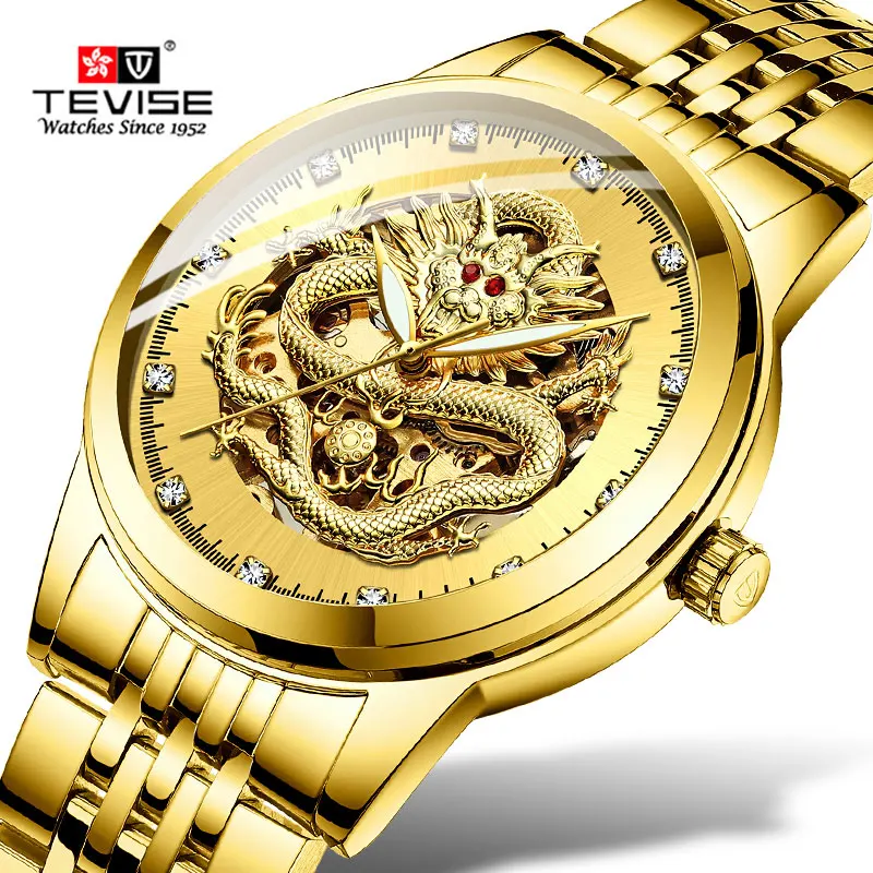 

Men Watches Top Brand Tevise Business Gold Dragon Sculpture Mechanical Watch Women Steel Waterproof Wristwatch Relogio masculino
