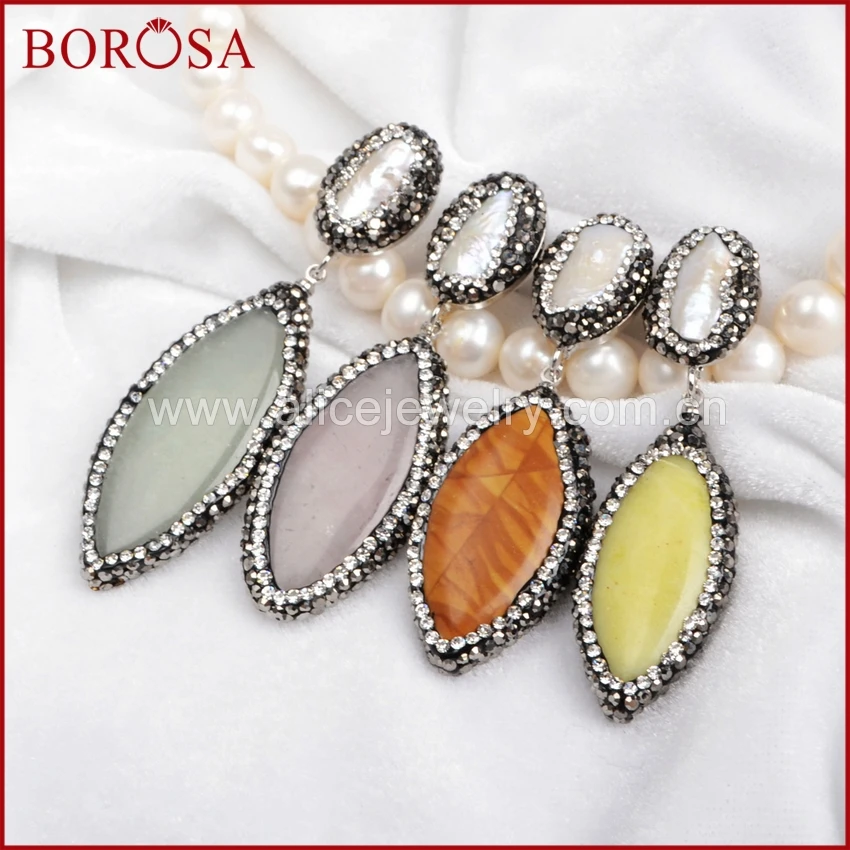 

BOROSA Drusy Stone Drop Earrings,Silver Color Natural Pearl & Multi-Kind Stone Crystal Paved Zircon Dangle Earrings JAB003