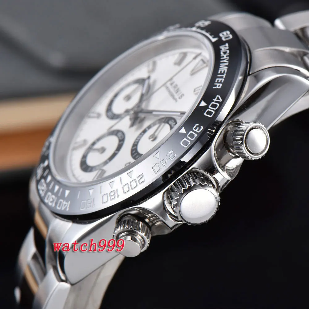 39mm PARNIS clock white dial sapphire crystal deployment clasps Ceramic bezel solid full Chronograph luxurious quartz mens watch