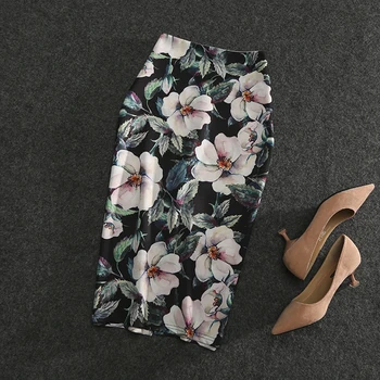 

Europe 2018 Spring/summer New Black Bottom Big Flower Show Streetwear After The Split Women's Skirts of Over Knee Female M-XL