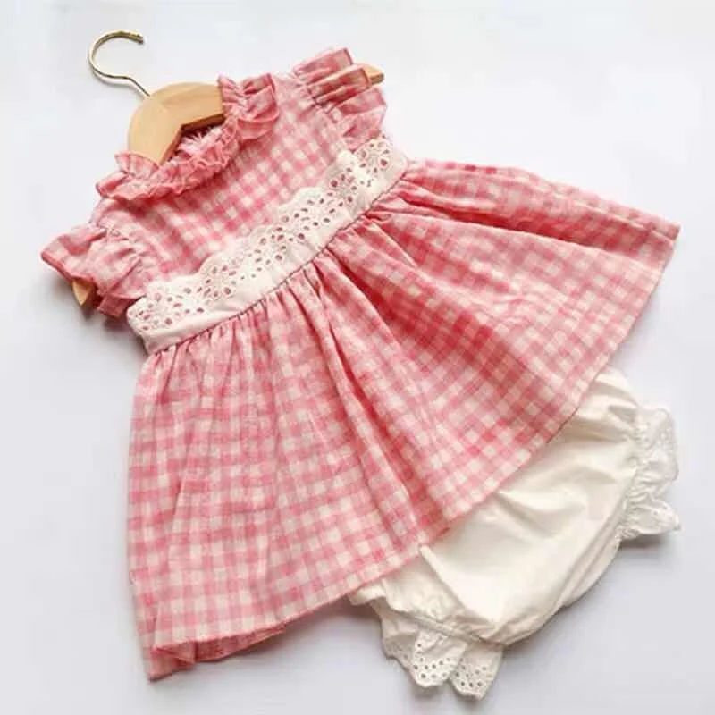 

2PCS Girl Summer Pink outfits Set Cute England Europe Plaid Vintage Spanish Shirt & Pants for Baby Girls 100% Quality Cotton